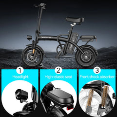 500W Electric Bicycles Ebike E-Bike For Adults, 3-Riding Modes, 14' Foldable Ebike, With Charger And Battery, MAX Speed 19.9 MPH, Dual Disc Brakes, With A Basket And Lock, Durable And Lightweight Frame, All-Terrain Foldable Ebike