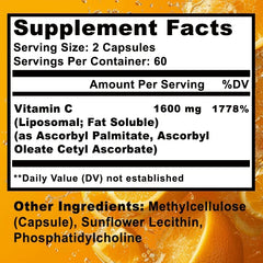 Liposomal Vitamin C 1600mg - Promotes Collagen Production, Immune Support, Powerful Antioxidant Supplement