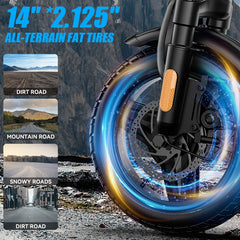 500W Electric Bicycles Ebike E-Bike For Adults, 3-Riding Modes, 14' Foldable Ebike, With Charger And Battery, MAX Speed 19.9 MPH, Dual Disc Brakes, With A Basket And Lock, Durable And Lightweight Frame, All-Terrain Foldable Ebike