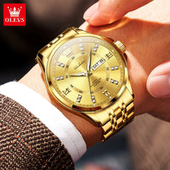 OLEVS 3620 Gold Luxury Men Watch Brand Original Quartz Watch Stainless Steel Waterproof Clock Business Calendar Gift Men Watch