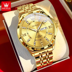 OLEVS 3620 Gold Luxury Men Watch Brand Original Quartz Watch Stainless Steel Waterproof Clock Business Calendar Gift Men Watch