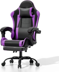 Athena Collection Carbonfaser Schwarzer Gaming-Stuhl – Ergonomisch mit Fußstütze Kopfstütze Lendenwirbelstütze Höhenverstellbar Drehbar