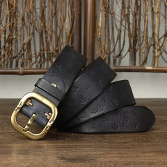 3.8cm Pure Cowhide Leather Belt For Men Embossed Copper Buckle