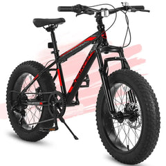 S20109 20 Zoll Mountainbike für Kinder und Jugendliche, Rahmen aus Kohlenstoffstahl, Scheibenbremsen, strapazierfähige Breitreifen, Federung vorne, 7-Gang, ideal für Schnee und Gelände