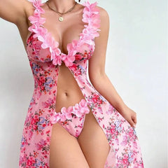 Women's 2-Piece Lace Lingerie Set - Sexy Floral Mesh Night Gown for Women, Sheer Slip Dress with Matching Panty, Soft Lightweight Loungewear for Bedroom & Vacation Use, summerw, Lingerie Women
