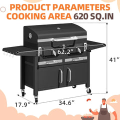 36 In Extra Large Charcoal Grill - 620 Sq.In Oversized BBQ Area with Thermometer & Individual Lifting Charcoal Trays, Storage C
