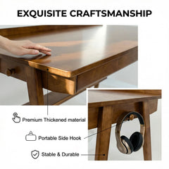 Solid Wood Home Office Desk with 2 Drawers & Storage Shelf – Mid Century Writing Desk
