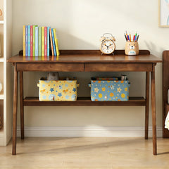 Solid Wood Home Office Desk with 2 Drawers & Storage Shelf – Mid Century Writing Desk