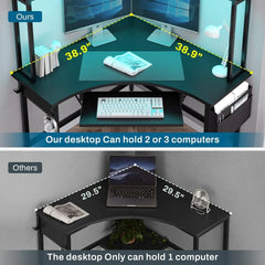 Triangle Corner Computer Desk with LED Lights & Keyboard Tray – Home Office Gaming Desk