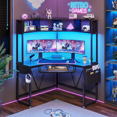 Triangle Corner Computer Desk with LED Lights & Keyboard Tray – Home Office Gaming Desk
