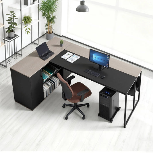 Uimoso 350 LB L-Shaped Executive Desk with Drawers & Stand – Large Home Office Computer Desk