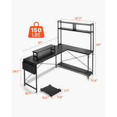 Uimoso 67" L-Shaped Reversible Computer Desk with Monitor Shelf – Gaming & Home Office Desk