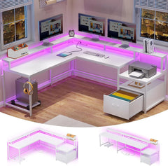 White 66" L Shaped Gaming Desk with LED Light & Power Outlet – Home Office Computer Desk