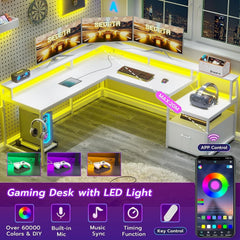 White 66" L Shaped Gaming Desk with LED Light & Power Outlet – Home Office Computer Desk