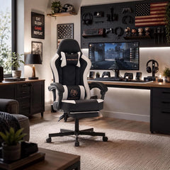 White Leather Ergonomic Gaming Chair with Footrest – High Back Gaming Desk Chair with Lumbar Support