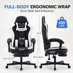 White Leather Ergonomic Gaming Chair with Footrest – High Back Gaming Desk Chair with Lumbar Support