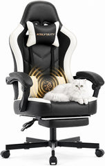 White Leather Ergonomic Gaming Chair with Footrest – High Back Gaming Desk Chair with Lumbar Support