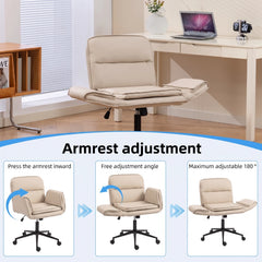 Wide Criss Cross Office Chair – Ergonomic Swivel Vanity Desk Chair with Wheels, Beige PU