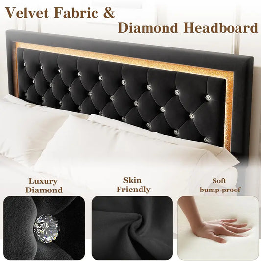 Garvee Floating Platform Bed Frame with Smart LED Lights, Upholstered Diamond Headboard, Solid Wood Slats Support, Noise-Free, No Box Spring Needed, Easy Assembly, Available in King, Queen, and Full Sizes