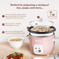 AROMA 4-Cup Cooked/ 1Qt. Rice & Grain Cooker, One-Touch Operation, Automatic Warm Mode, ARC-302NGP #Baby Pink