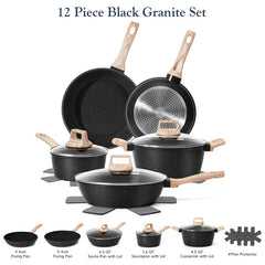 SODAY 12-Piece Non-Stick Cookware Set with Lid, Aluminium Core, Granite Coating, Induction Compatible, Easy Cleaning, Safe & Healthy Cooking