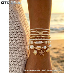 Women's Boho Shell & Starfish Bracelet Set, Exquisite Trendy Bracelet, Artificial Pearl Party Vacation Jewelry, Beach Style Handmade Accessories, Faux Pearl