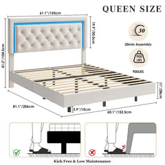 Garvee Floating Queen Platform Bed Frame with Smart LED Lights, Modern Upholstered Diamond Headboard, Sturdy Wood Slats, Noise-Free Design, Easy Assembly, Durable Bedroom Furniture