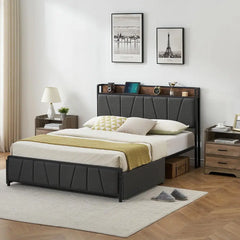 Lit double Garvee avec tête de lit de rangement et 2 tiroirs, cadre de lit plateforme rembourré en lin avec station de recharge, robuste, pas besoin de sommier tapissier, montage facile, silencieux, gris