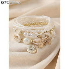 Women's Boho Shell & Starfish Bracelet Set, Exquisite Trendy Bracelet, Artificial Pearl Party Vacation Jewelry, Beach Style Handmade Accessories, Faux Pearl