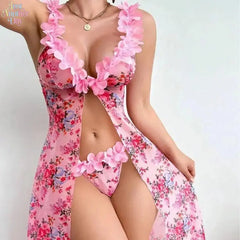Women's 2-Piece Lace Lingerie Set - Sexy Floral Mesh Night Gown for Women, Sheer Slip Dress with Matching Panty, Soft Lightweight Loungewear for Bedroom & Vacation Use, summerw, Lingerie Women