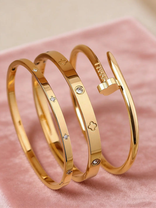 Women's Stainless Steel Bracelet Set, Flower Nail Design , Casual Style Elegant Jewelry Bracelet for Women, Perfect Gift for Her, High Quality Bracelet