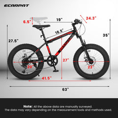 S20109 20 Zoll Mountainbike für Kinder und Jugendliche, Rahmen aus Kohlenstoffstahl, Scheibenbremsen, strapazierfähige Breitreifen, Federung vorne, 7-Gang, ideal für Schnee und Gelände