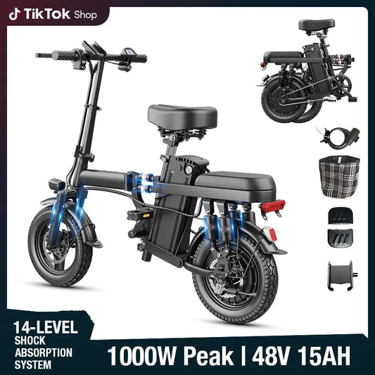 Adult Electric Folding Ebike, 500W Motor, 48V 15Ah Battery, 45Km Range, 14-Level Shock Absorption, UL2849 Certified, Ebikes