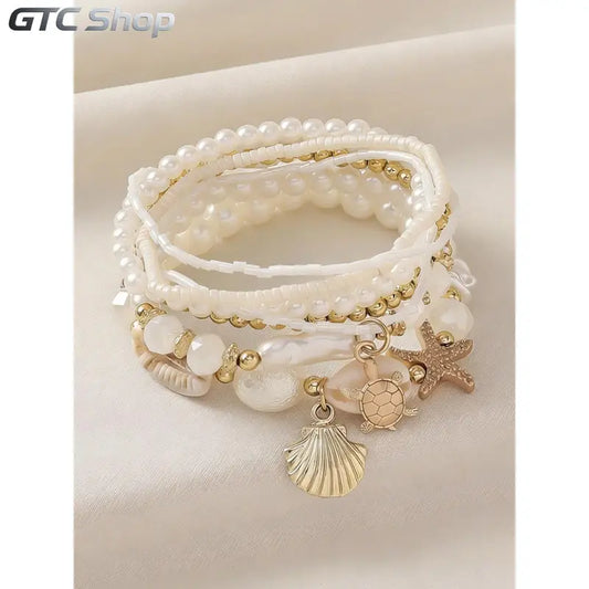 Women's Boho Shell & Starfish Bracelet Set, Exquisite Trendy Bracelet, Artificial Pearl Party Vacation Jewelry, Beach Style Handmade Accessories, Faux Pearl
