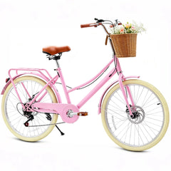 24" Beach Cruisers for Women, NEORIVER Bikes for Women with Rattan Basket, 7-Speed & Step-Through Frame