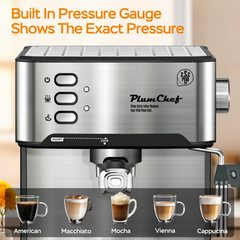 Plum Chef 20 Bar Espresso Machine with Milk Frother Steam Wand, Professional Coffee Maker for Cappuccino & Latte, ESE POD Compatible, 1.5L Removable Water Tank, Stainless Steel