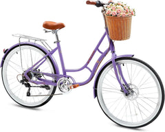 24" Beach Cruisers for Women, NEORIVER Bikes for Women with Rattan Basket, 7-Speed & Step-Through Frame