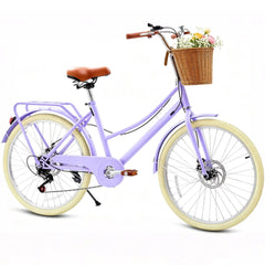 24" Beach Cruisers for Women, NEORIVER Bikes for Women with Rattan Basket, 7-Speed & Step-Through Frame