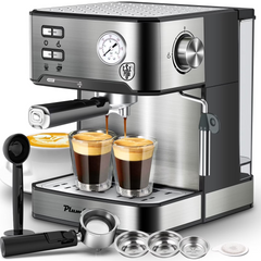 Plum Chef 20 Bar Espresso Machine with Milk Frother Steam Wand, Professional Coffee Maker for Cappuccino & Latte, ESE POD Compatible, 1.5L Removable Water Tank, Stainless Steel
