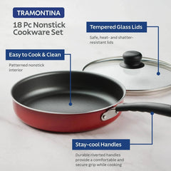 18 Piece Cookware Set Nonstick Pots and Pans Home Kitchen Cooking Non Stick, Red