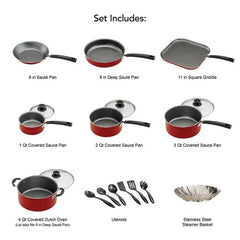 18 Piece Cookware Set Nonstick Pots and Pans Home Kitchen Cooking Non Stick, Red