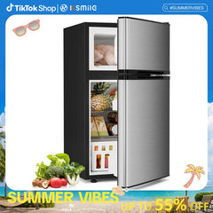 Kismile 3.2 Cu Ft 2-Door Compact Refrigerator with Freezer, Fridge Drawer, Adjustable Shelf, Thermostat – Silver for Bedroom, Office, Two-Door Mini Freezers