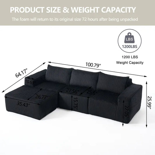 【3 Sub-Packages】 Niccae 101" L-Shaped Modular Sectional Sofa - Boneless Cloud Couch with Corduroy Fabric, Memory Foam Support & No-Assembly Design – Perfect Fluffy Sofa Couch for Living Room