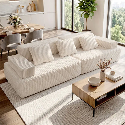 【Father's Day】126inch segmented bonessless couch bed. Compact frameless corduroy fabric, multifunctional floor sofa for cozy reading nooks and guest spaces, ergonomic design, shipped as a two-piece set sectional