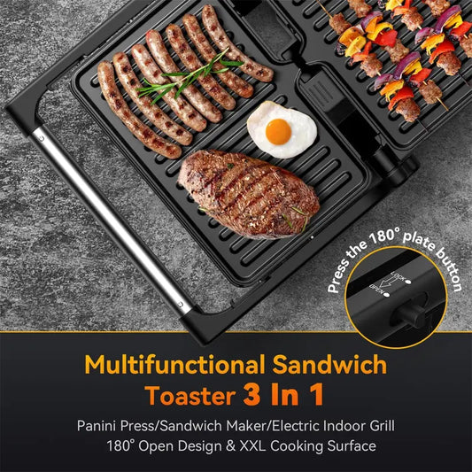 YASHE Panini Grilled l Press, 1200 W Sandwich Maker, Panini Maker with Non-Stick Coated Cast Aluminum Plates, Fits 2 Slices of Bread, 180-Degree Opening, Easy to Clean,Versatile
