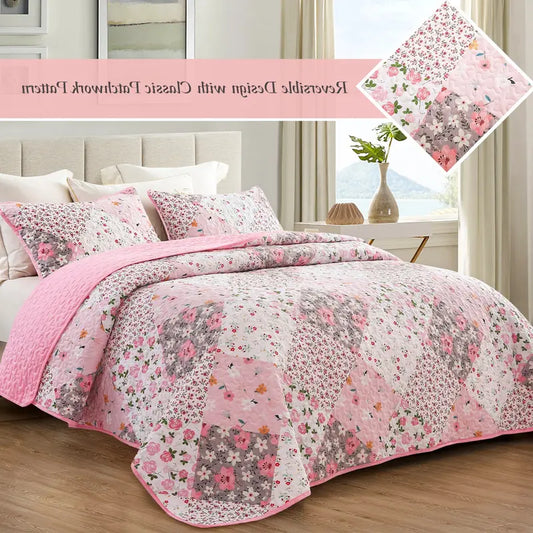 【Summervibes】Whale Flotilla Reversible Patchwork Quilts, Lightweight Boho Printed Bedspreads Coverlets Quilt Bedding Set with 2 Pillow Shams for King/Queen size, 1 Pillow Sham for Twin size, Soft for All Seasons