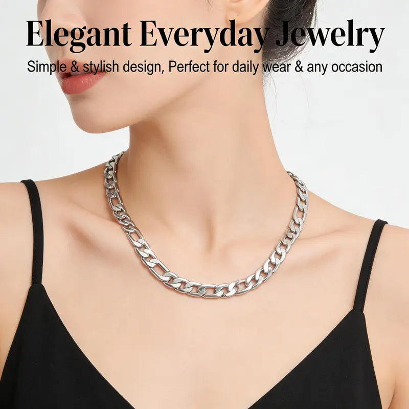 Men's Stainless Steel Figaro Chain Necklace Set, 12MM Polished Silver Tone Cuban Link Curb Chain Necklaces, Hip Hop Rapper Style Chunky Thick Chain Jewelry,925 Silver  Plated Stylish ,For Men Women Daily Wear, Valentine's Day Birthday Gift