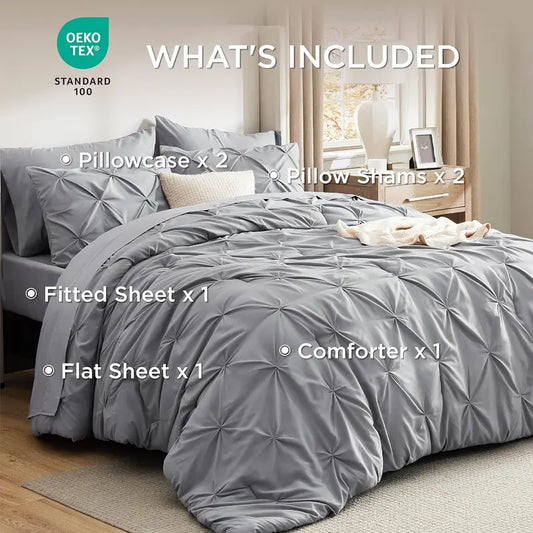 【Mother's day Deal】7 PCS-Bedsure Soft  Pintuck Messy Bedding Sets - Multi-Color,Cloud-like,Ultra-Soft,Machine Washable,Luxury Bedroom Decor Accessories,Breathable,All-Season King Size Comforter Sets,Hotel Quality, Restful Sleep, Geometric Pattern