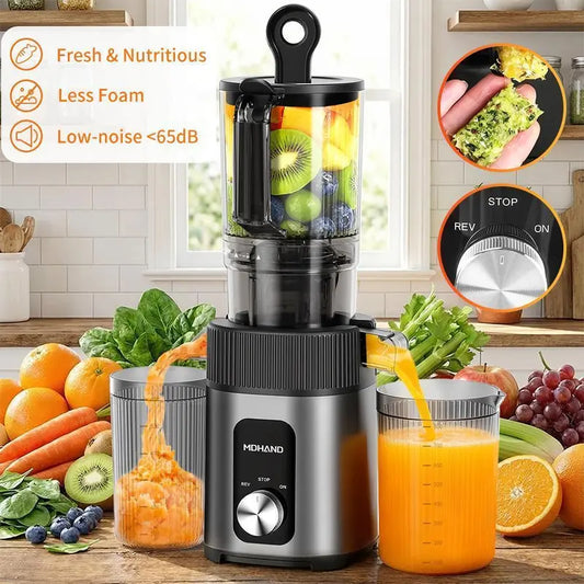 MDHAND Cold Press Juicer - Juicer Machines, 200W Juicer with 112mm Large Feed Chute, Quiet & Powerful 60 RPM, Reverse Function, Easy to Clean, Stainless Steel Housing#fathersdaygift
