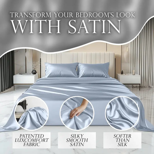 DECOLURE 4-Piece Satin Bed Sheet Set - Silky Fitted Sheet, Hypoallergenic, Double Stitched, Wrinkle-Free, 15" Deep Pockets, Elastic Edges for Secure Fit, Luxuriously Soft Bedding